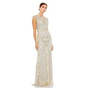 Mac Duggal 4908 HIGH NECK SLEEVELESS BEADED FRINGE FITTED GOWN Platinum Gold